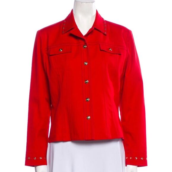 St. John Sport by Marie Gray Red Retro Minimalist Studded 90s Denim Jacket Small - Picture 9 of 9